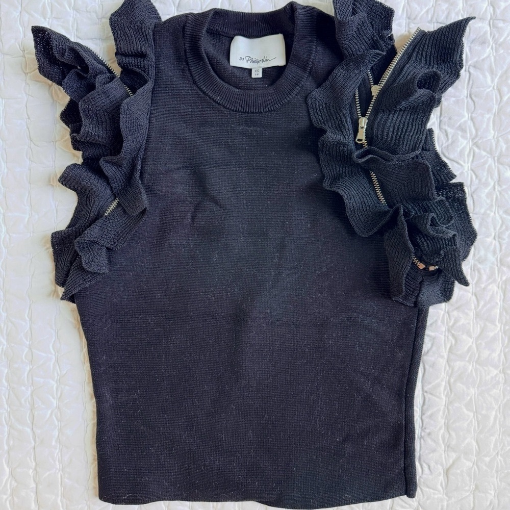 3.1 Phillip Lim Ruffle Knit Crop Top with Ruffle Zipper Detail in Black